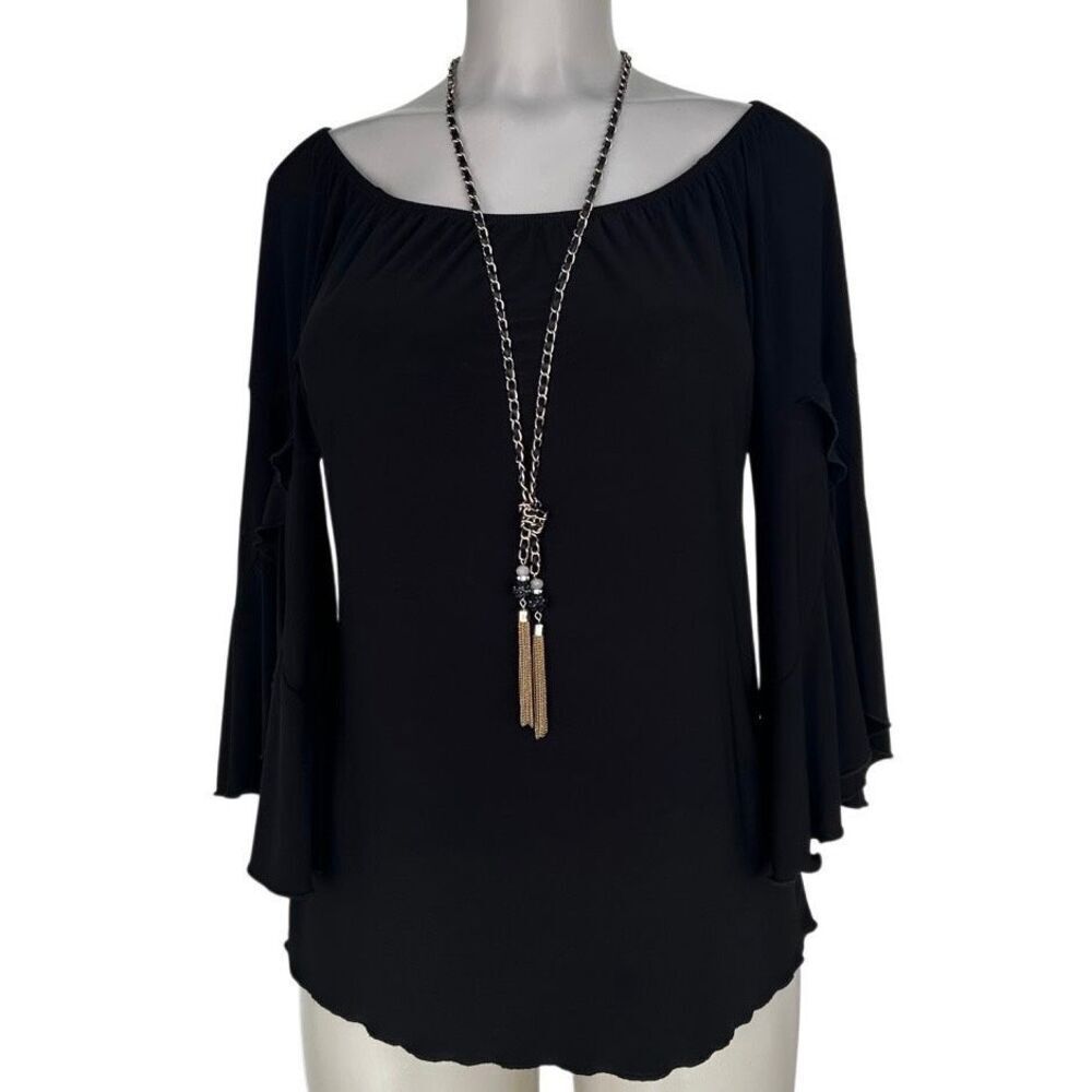 Coco Bianco Blouse Women's Small Black Classic Ruffle Bell Sleeve Boat Neck